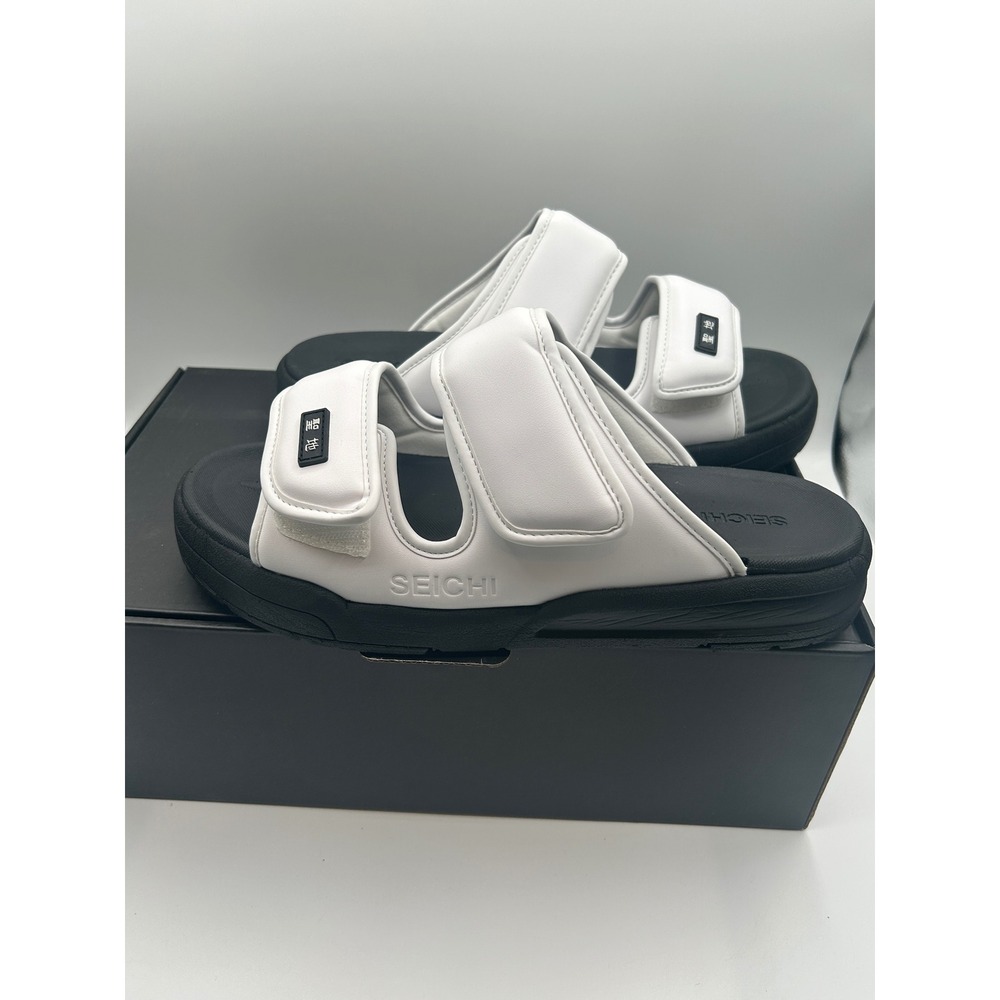 Seichi Senko Sandals,White Black Two Strap Slides,Men's Size 12,New w/ Defects - Picture 14 of 16